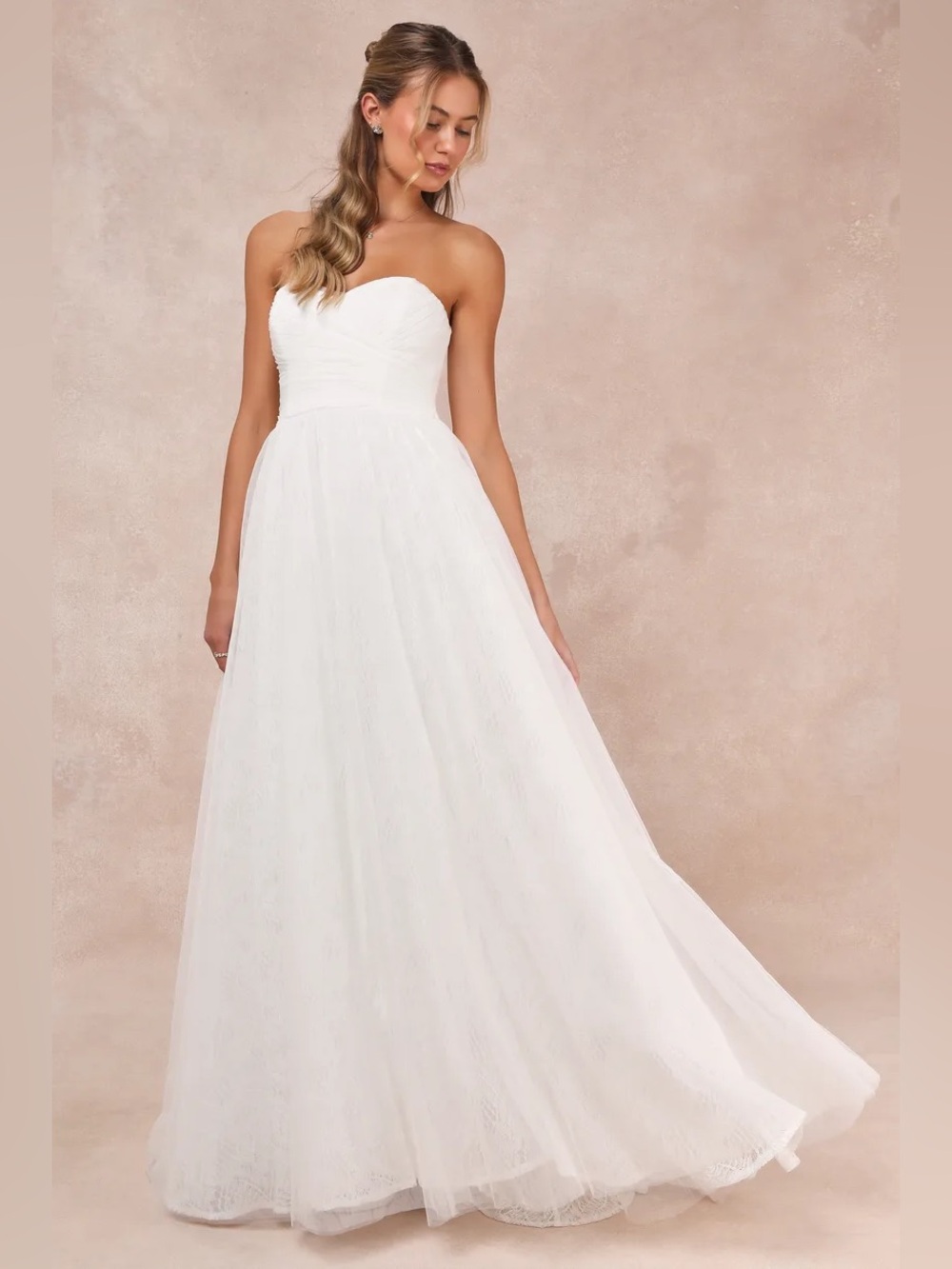 Lulus White Tulle Lace Strapless Pleated Flowy Maxi Dress XS Bridal Princess